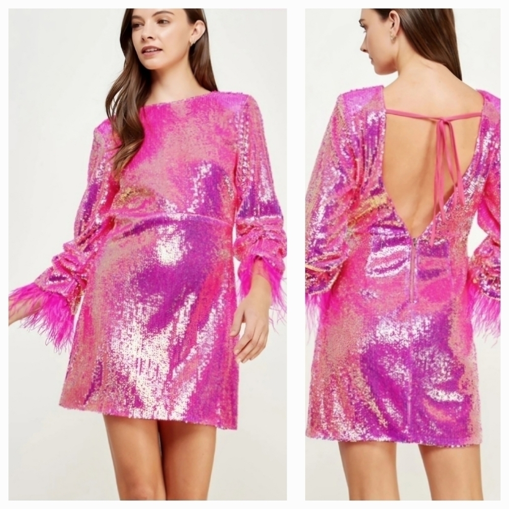 Boutique Festive Pink Sequins and Feathers Mini Dress Size S NWOT